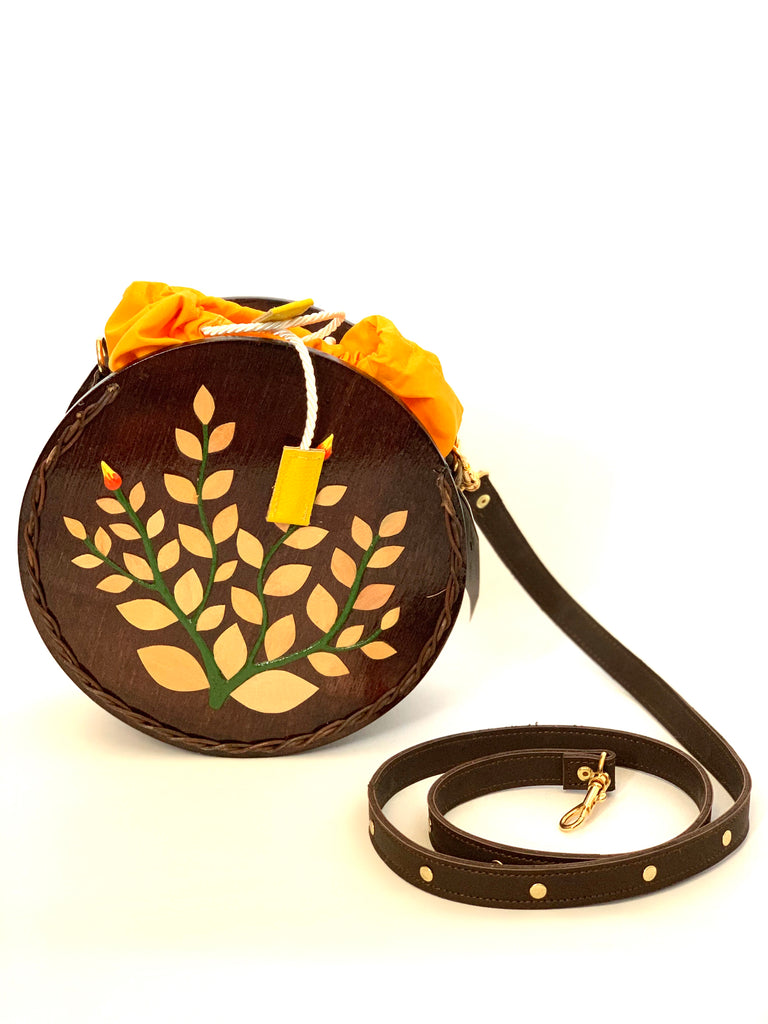 2864 - Small Brown Wooden Purse with Leather Strap