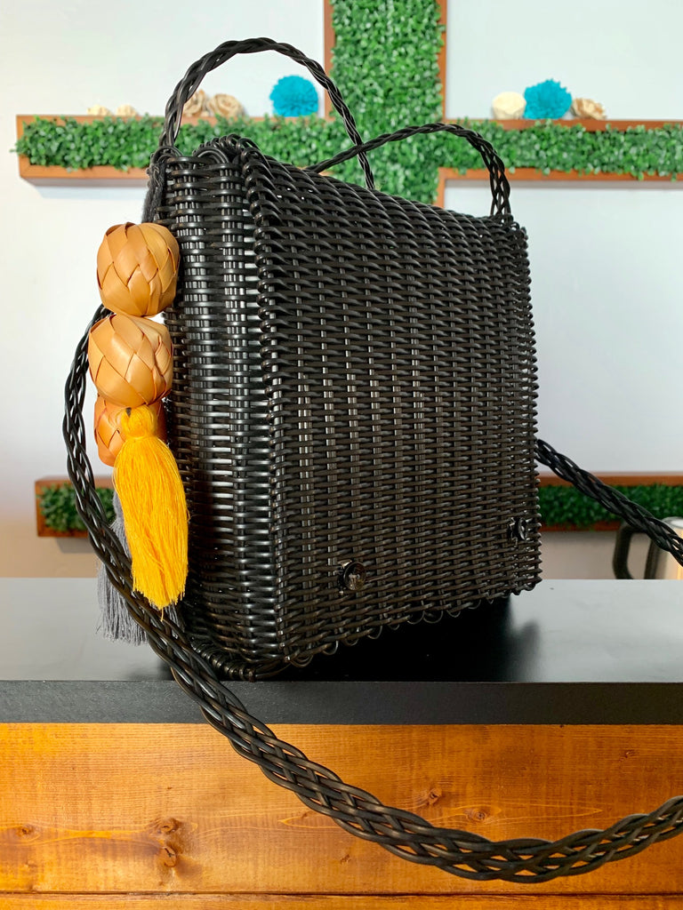 2403 - Black Square Purse with Large Beaded Tassel